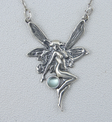 Sterling Silver Victorian Winged Fairy Necklace With Blue Topaz